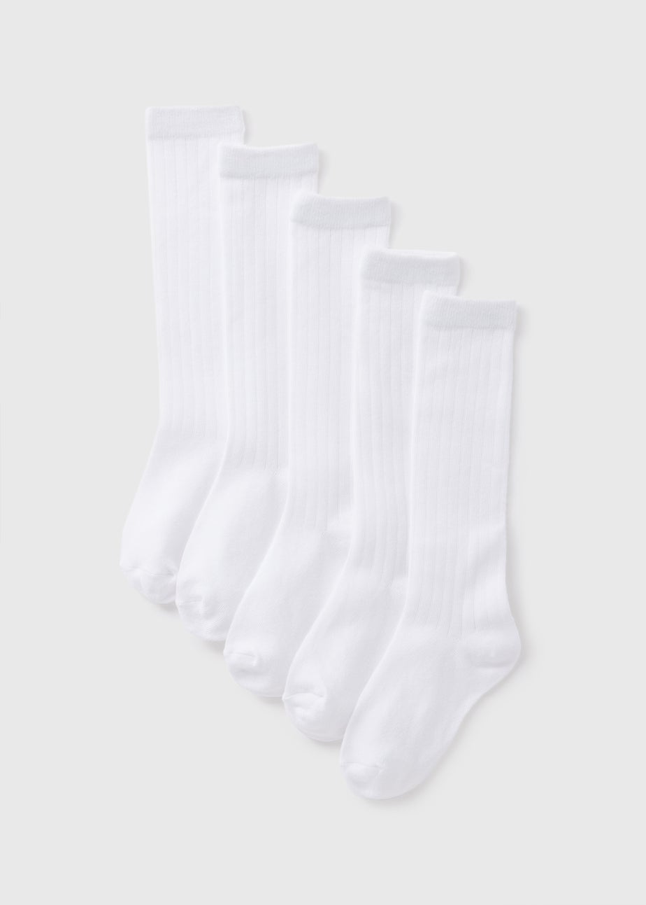 5 Pack Kids White Ribbed Knee High Socks (Younger 6-Older 5.5)