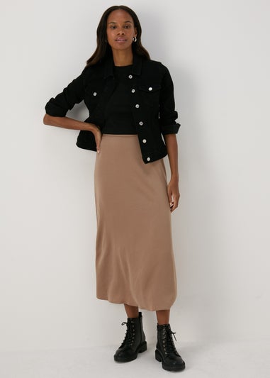 Camel Satin Midi Slip Skirt
