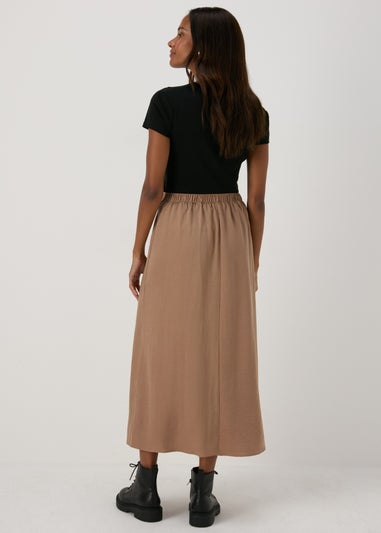 Camel Satin Midi Slip Skirt