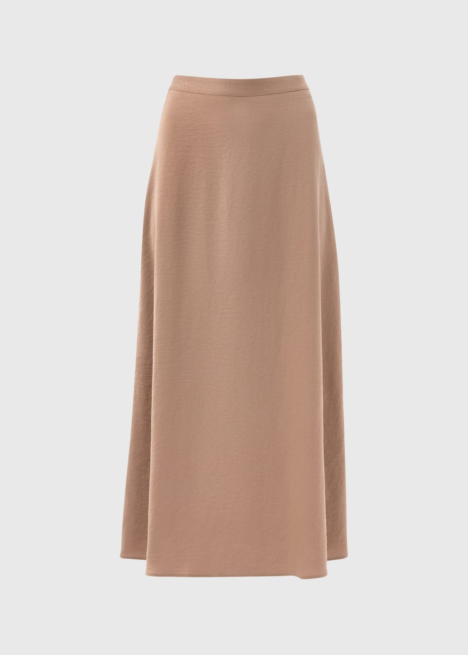 Camel Satin Midi Slip Skirt