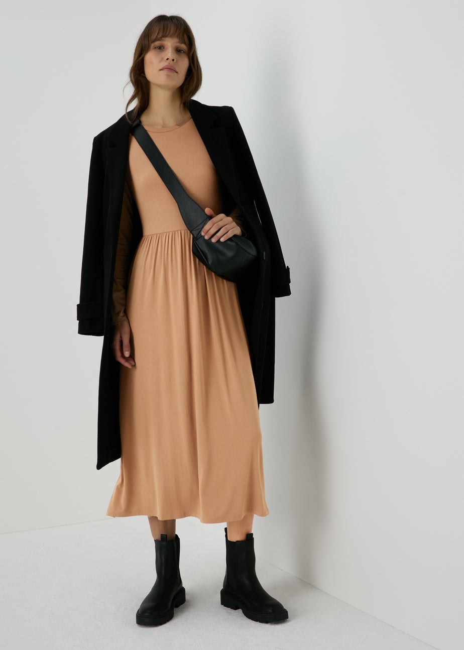 Camel Long Sleeve Midi Dress
