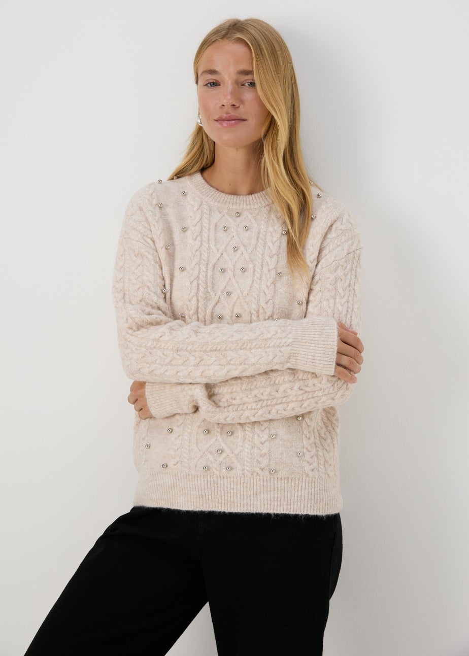 Cream Embellished Cable Knit Jumper