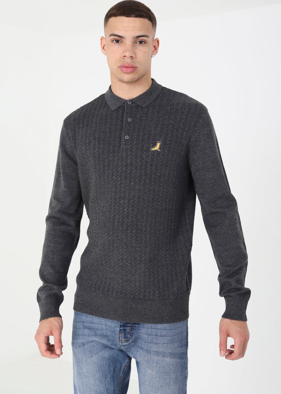 Brave Soul Charcoal Long Sleeve Knitted Polo Shirt