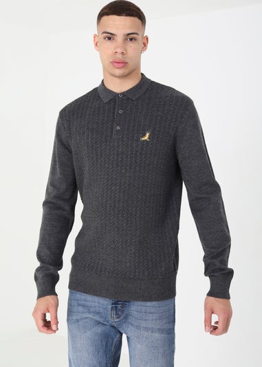 Brave Soul Charcoal Long Sleeve Knitted Polo Shirt