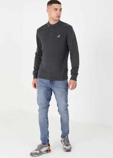 Brave Soul Charcoal Long Sleeve Knitted Polo Shirt