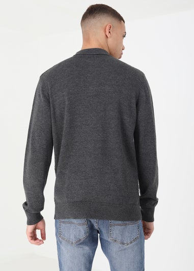 Brave Soul Charcoal Long Sleeve Knitted Polo Shirt