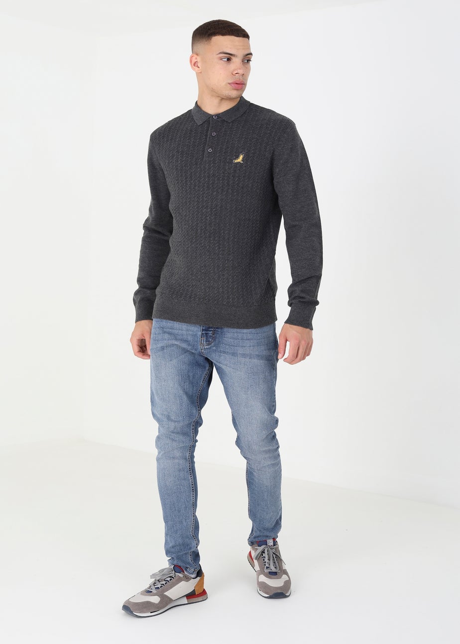 Brave Soul Charcoal Long Sleeve Knitted Polo Shirt