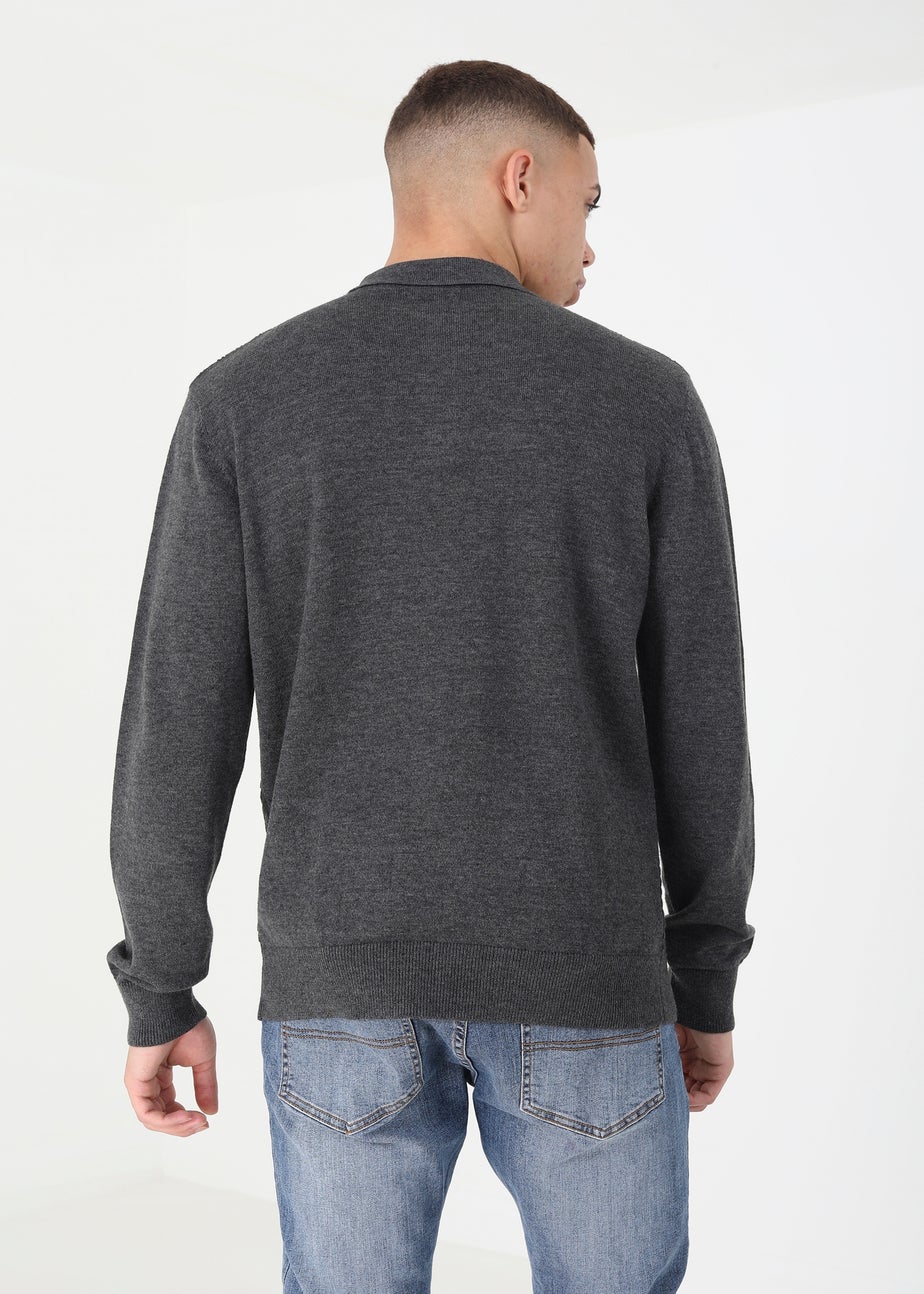 Brave Soul Charcoal Long Sleeve Knitted Polo Shirt