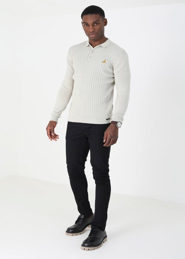 Brave Soul Ecru Long Sleeve Knitted Polo Shirt