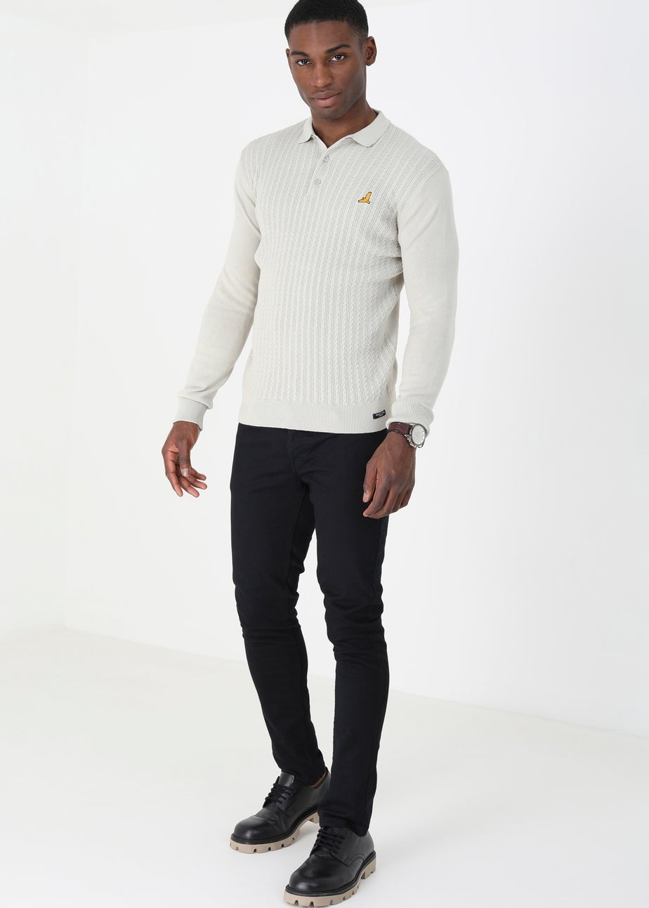 Brave Soul Ecru Long Sleeve Knitted Polo Shirt
