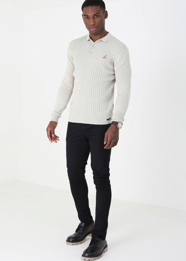 Brave Soul Ecru Long Sleeve Knitted Polo Shirt