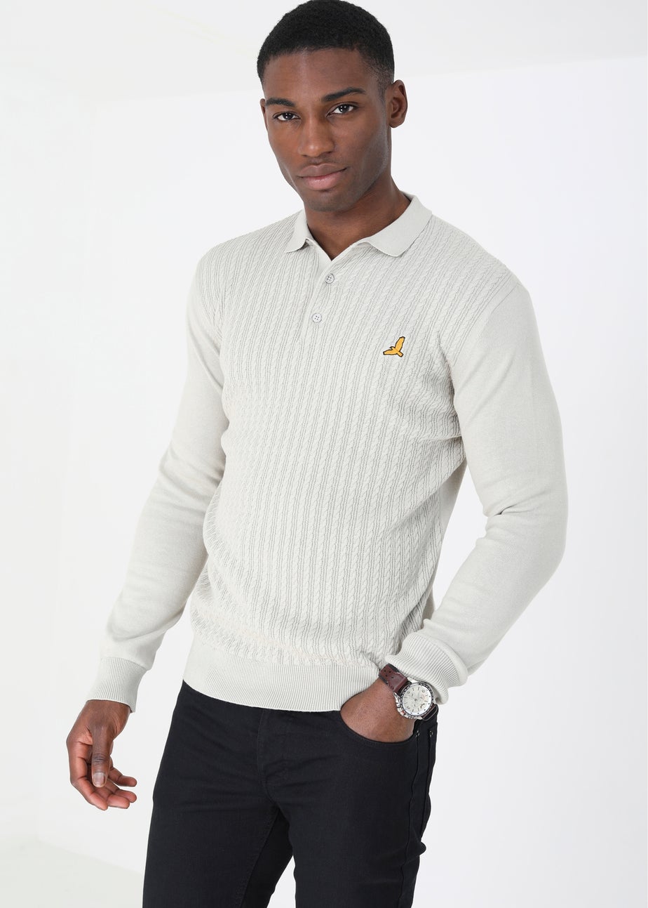 Brave Soul Ecru Long Sleeve Knitted Polo Shirt