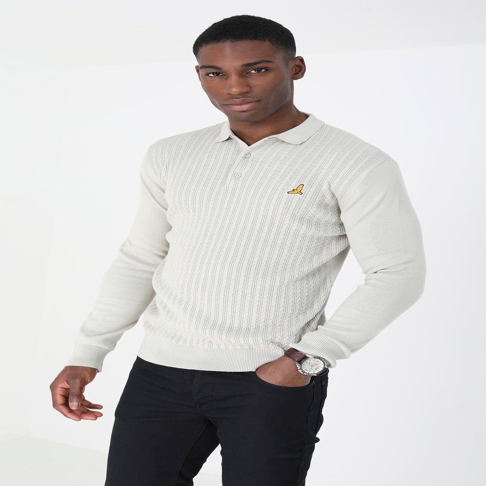 Brave Soul Ecru Long Sleeve Knitted Polo Shirt