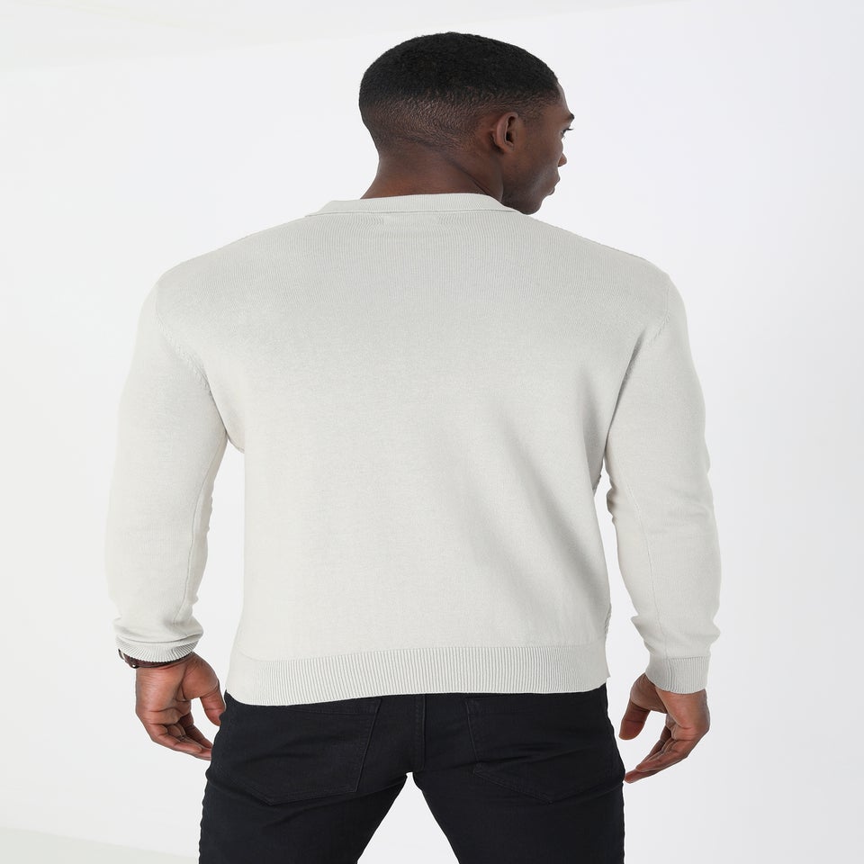 Brave Soul Ecru Long Sleeve Knitted Polo Shirt