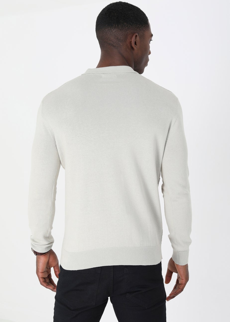 Brave Soul Ecru Long Sleeve Knitted Polo Shirt