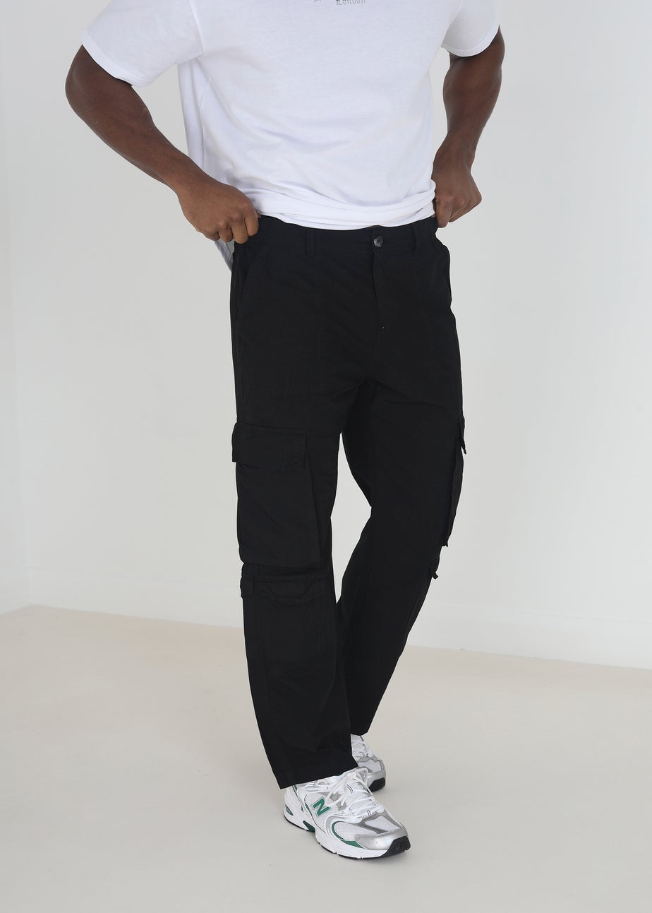 Brave Soul Black Cotton Poplin Loose Fit Cargo Trousers