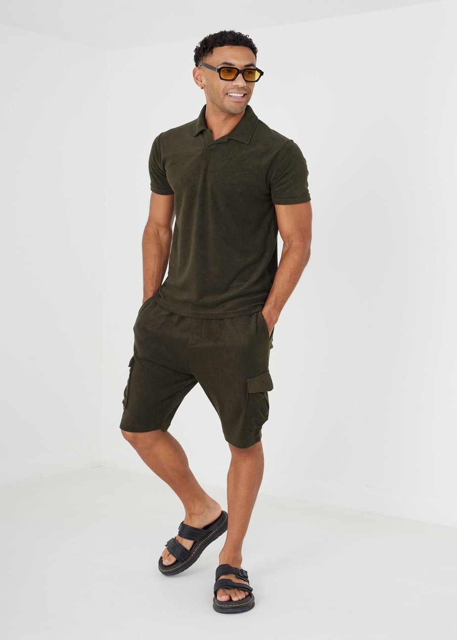 Brave Soul Khaki Short Sleeve Towelling Open Collar Polo Shirt