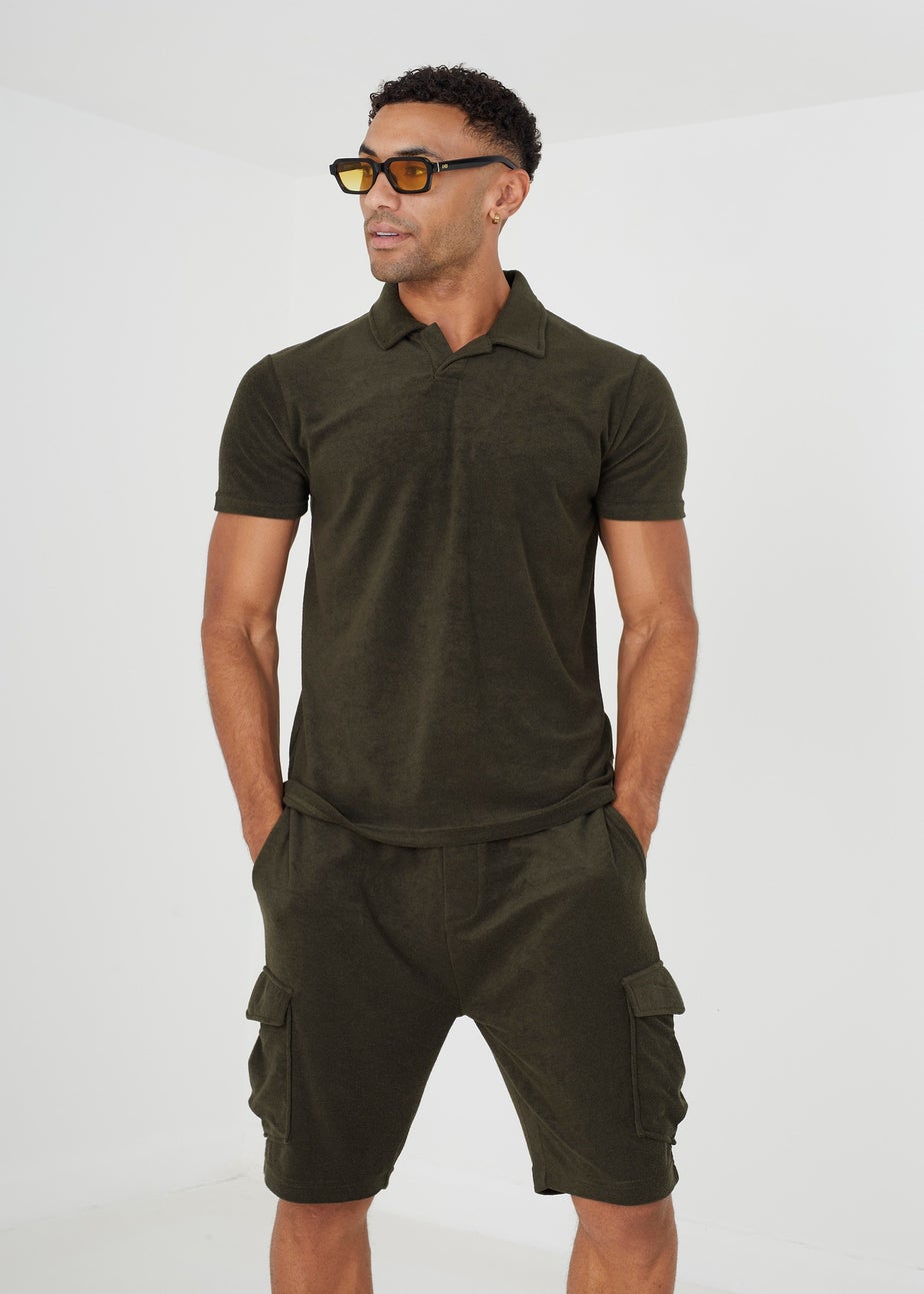 Brave Soul Khaki Short Sleeve Towelling Open Collar Polo Shirt