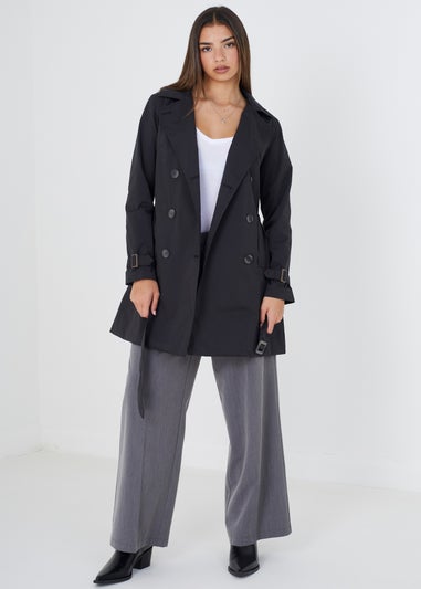 Brave Soul Black Double Breasted Belted Trench Coat