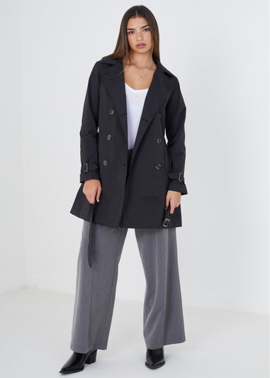 Brave Soul Black Double Breasted Belted Trench Coat