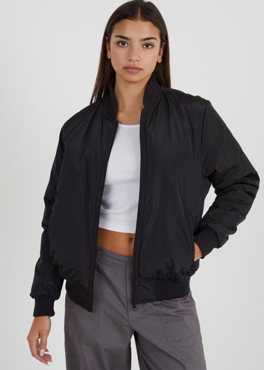 Brave Soul Black Ruched Sleeve Oversized Bomber Jacket