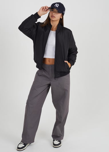 Brave Soul Black Ruched Sleeve Oversized Bomber Jacket