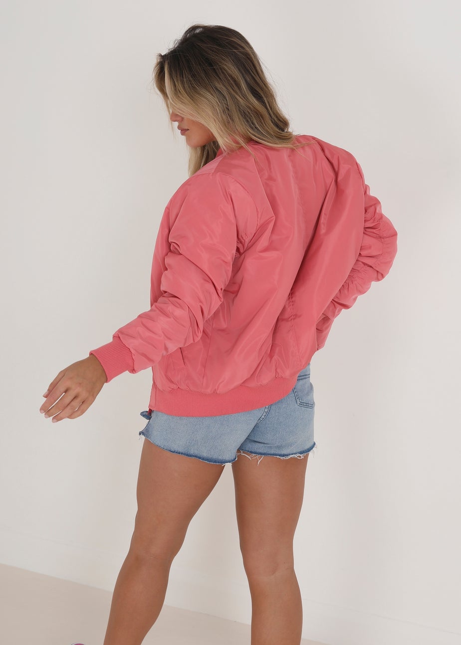 Brave Soul Pink Ruched Sleeve Oversized Bomber Jacket