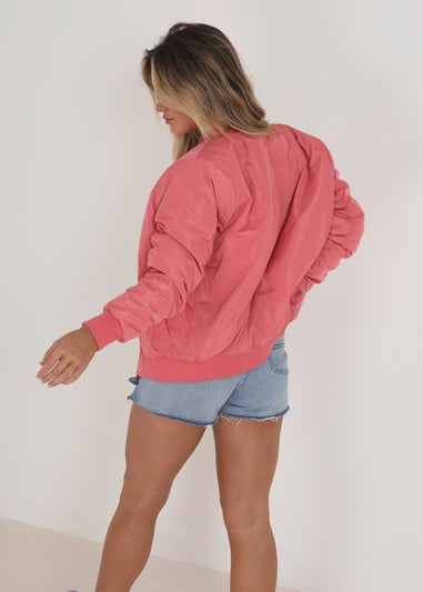 Brave Soul Pink Ruched Sleeve Oversized Bomber Jacket