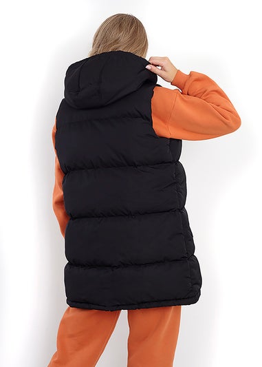 Brave Soul Black Longline Hooded Puffer Gilet