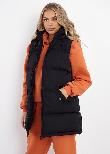 Brave Soul Black Longline Hooded Puffer Gilet
