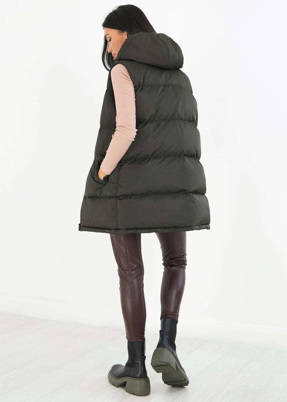 Brave Soul Khaki Longline Hooded Puffer Gilet
