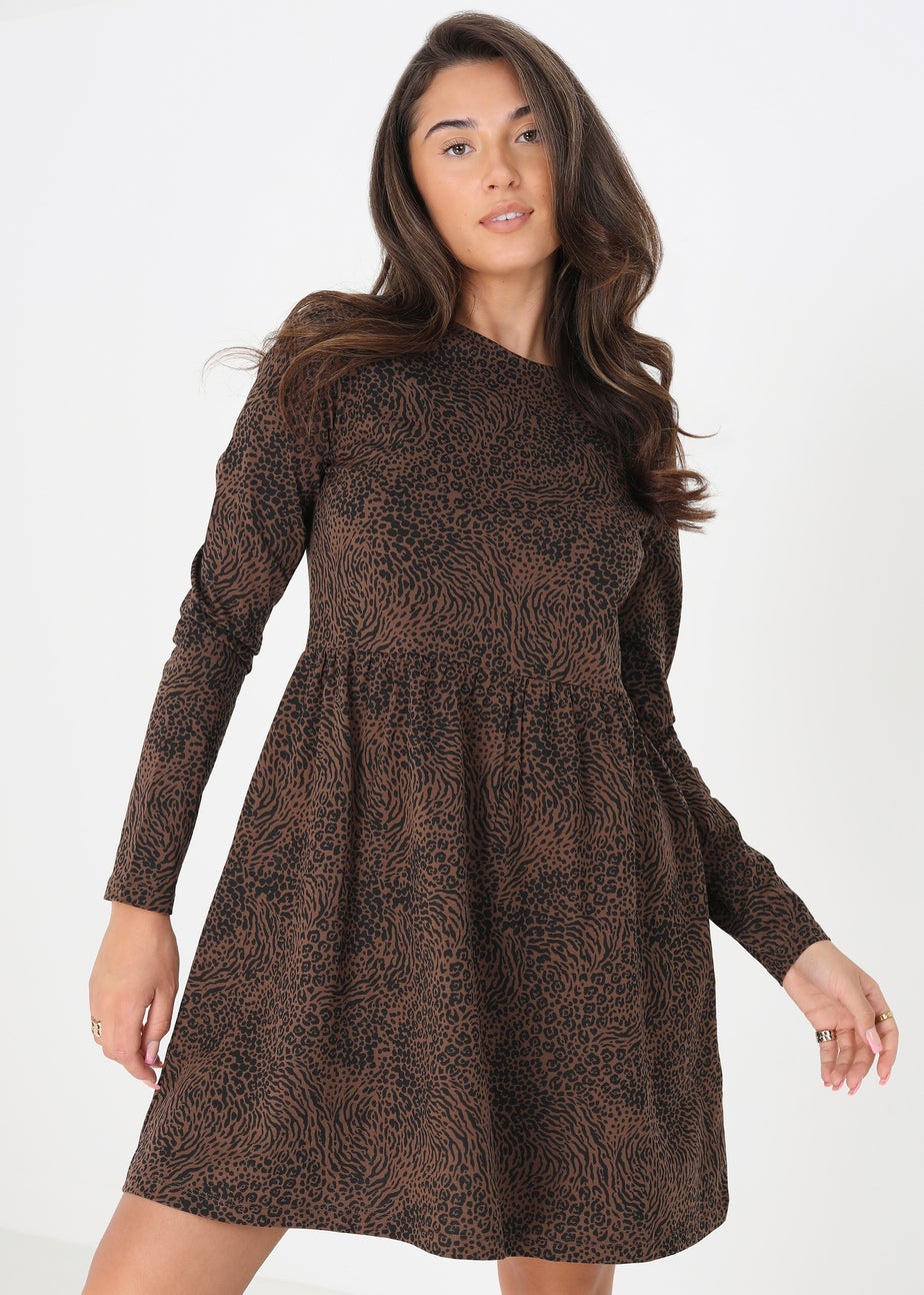 Brave Soul Brown Cotton Animal Print Long Sleeve Mini Smock Dress