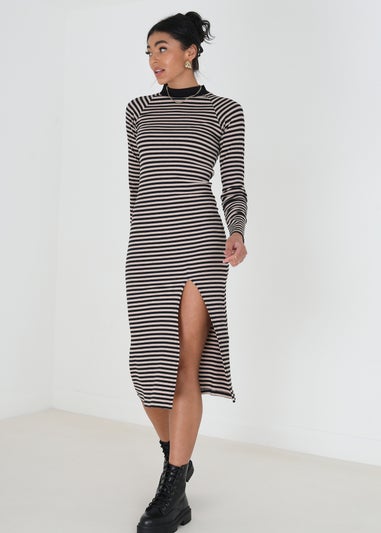Brave Soul Black Cotton Blend Midi Rib Knit Stripe Dress with Split