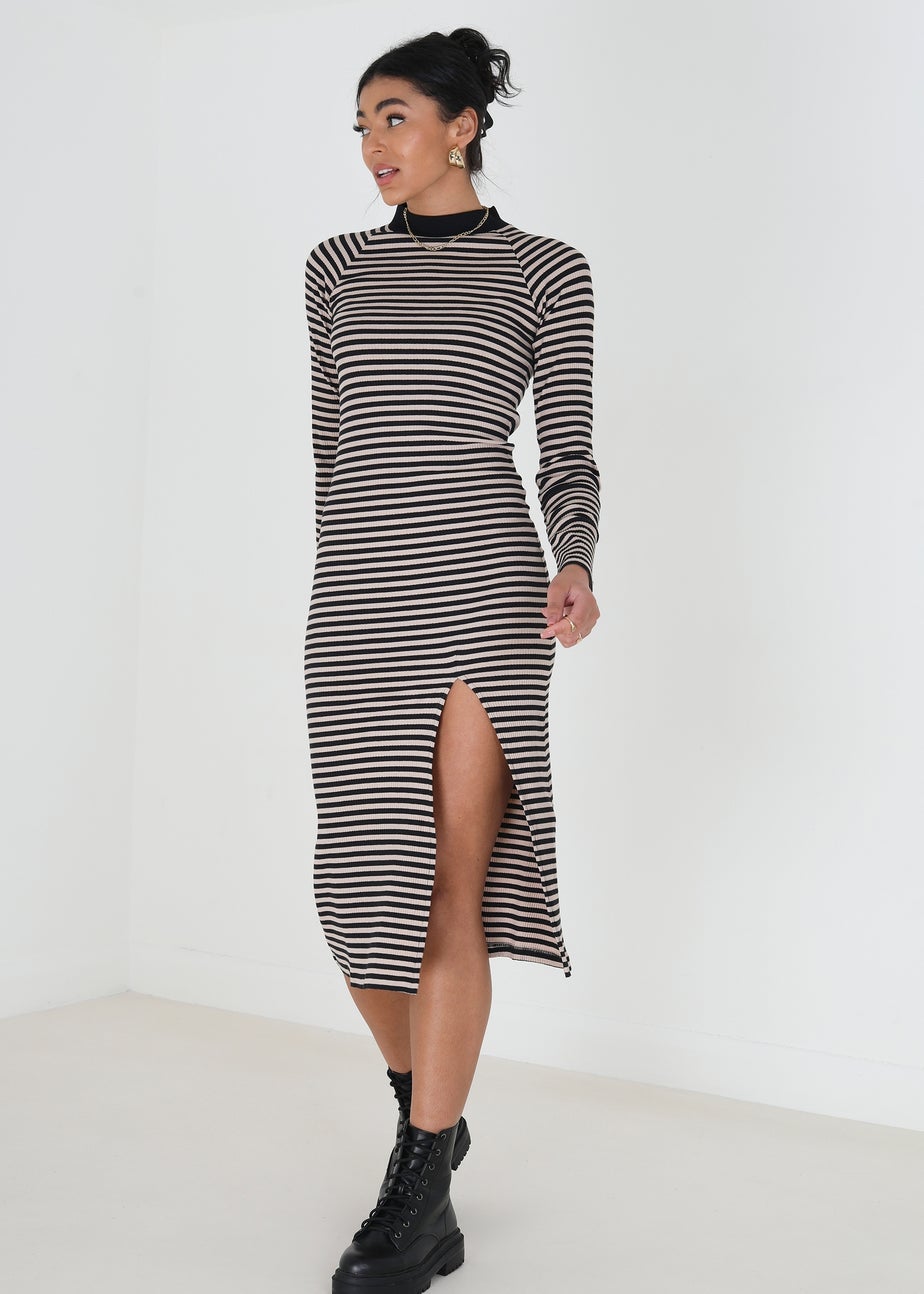 Brave Soul Black Cotton Blend Midi Rib Knit Stripe Dress with Split