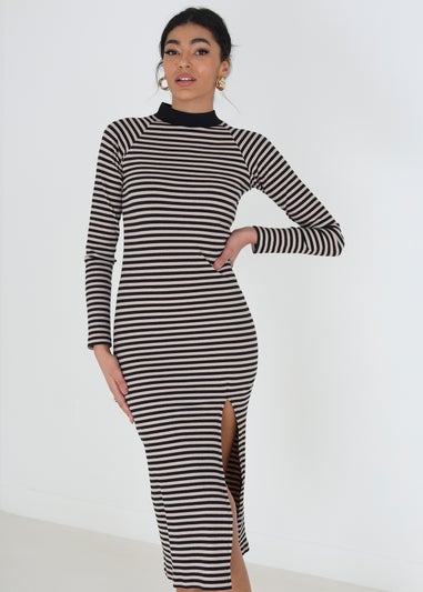 Brave Soul Black Cotton Blend Midi Rib Knit Stripe Dress with Split