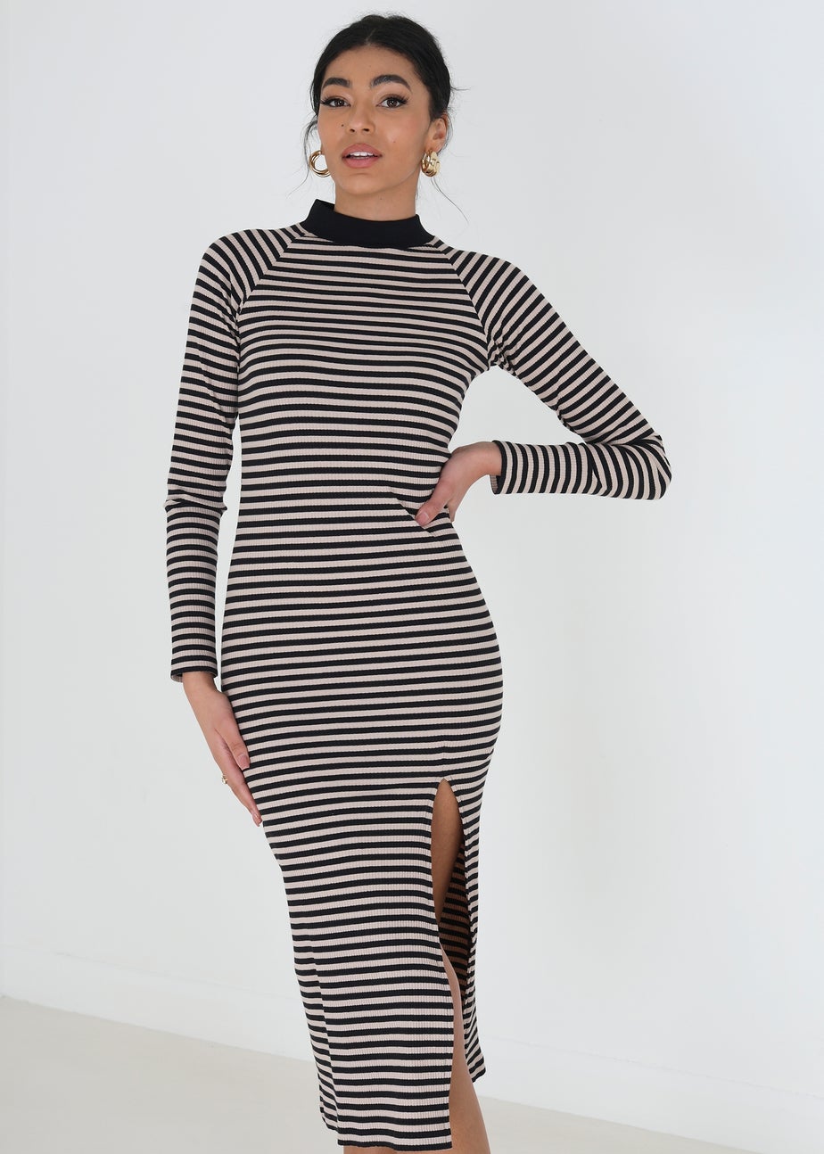 Brave Soul Black Cotton Blend Midi Rib Knit Stripe Dress with Split