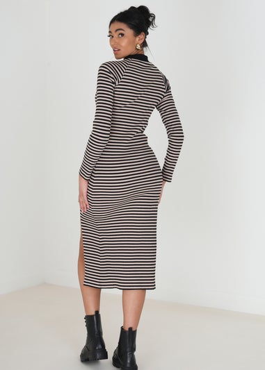 Brave Soul Black Cotton Blend Midi Rib Knit Stripe Dress with Split