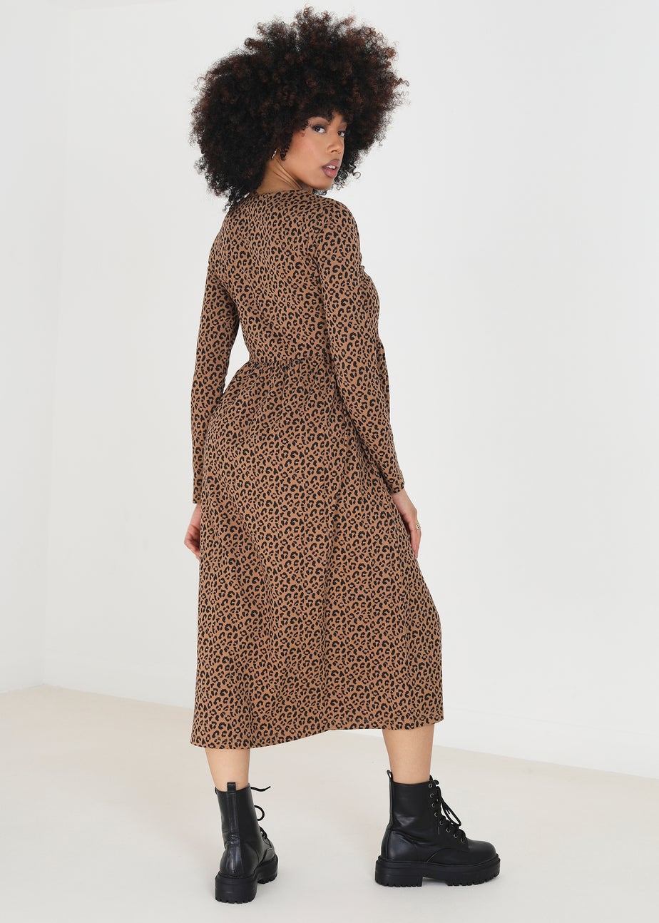Brave Soul Tan Cotton Animal Print Long Sleeve Midi Smock Dress