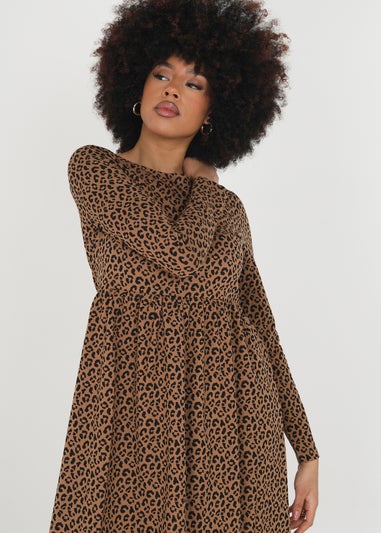 Brave Soul Tan Cotton Animal Print Long Sleeve Midi Smock Dress