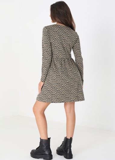 Brave Soul Light Grey Cotton Animal Print Long Sleeve Mini Smock Dress