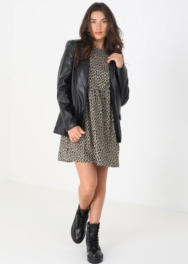 Brave Soul Light Grey Cotton Animal Print Long Sleeve Mini Smock Dress