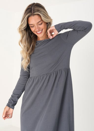 Brave Soul Grey Cotton Long Sleeve Midi Smock Dress