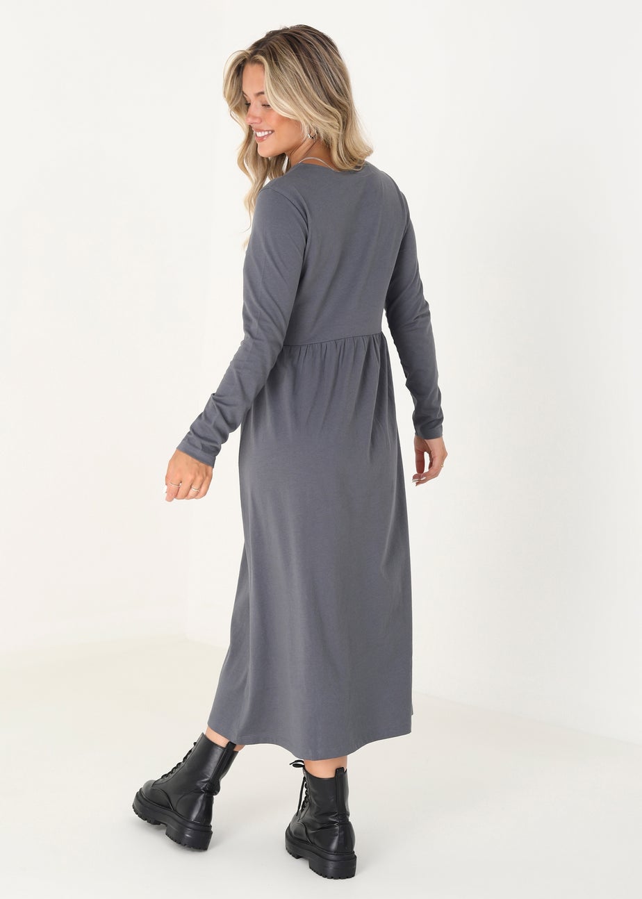 Brave Soul Grey Cotton Long Sleeve Midi Smock Dress