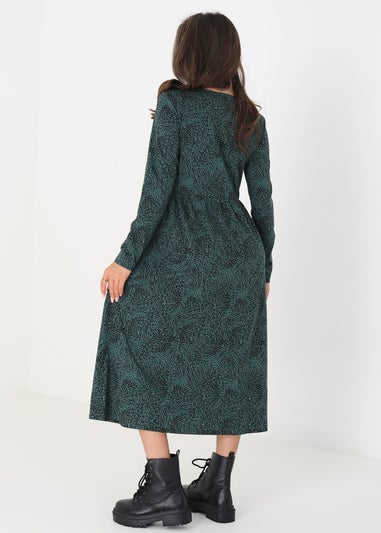 Brave Soul Green Cotton Animal Print Long Sleeve Midi Smock Dress