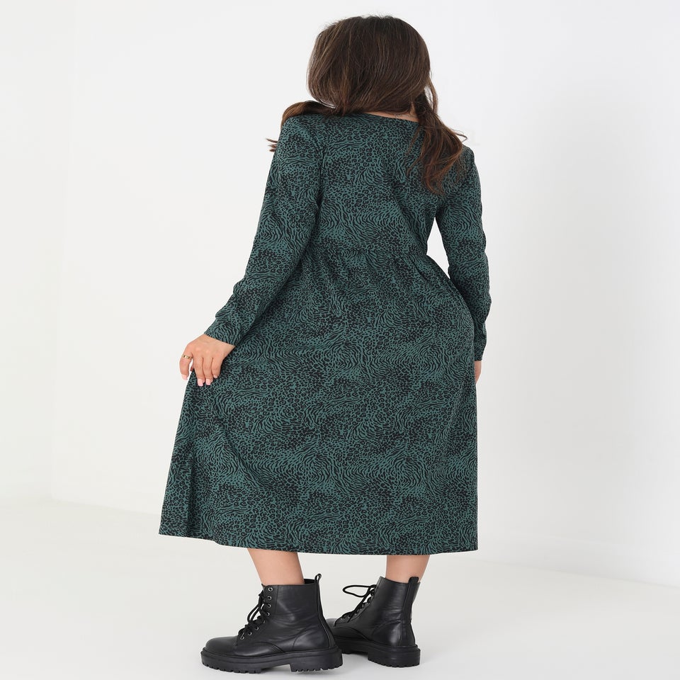 Brave Soul Green Cotton Animal Print Long Sleeve Midi Smock Dress