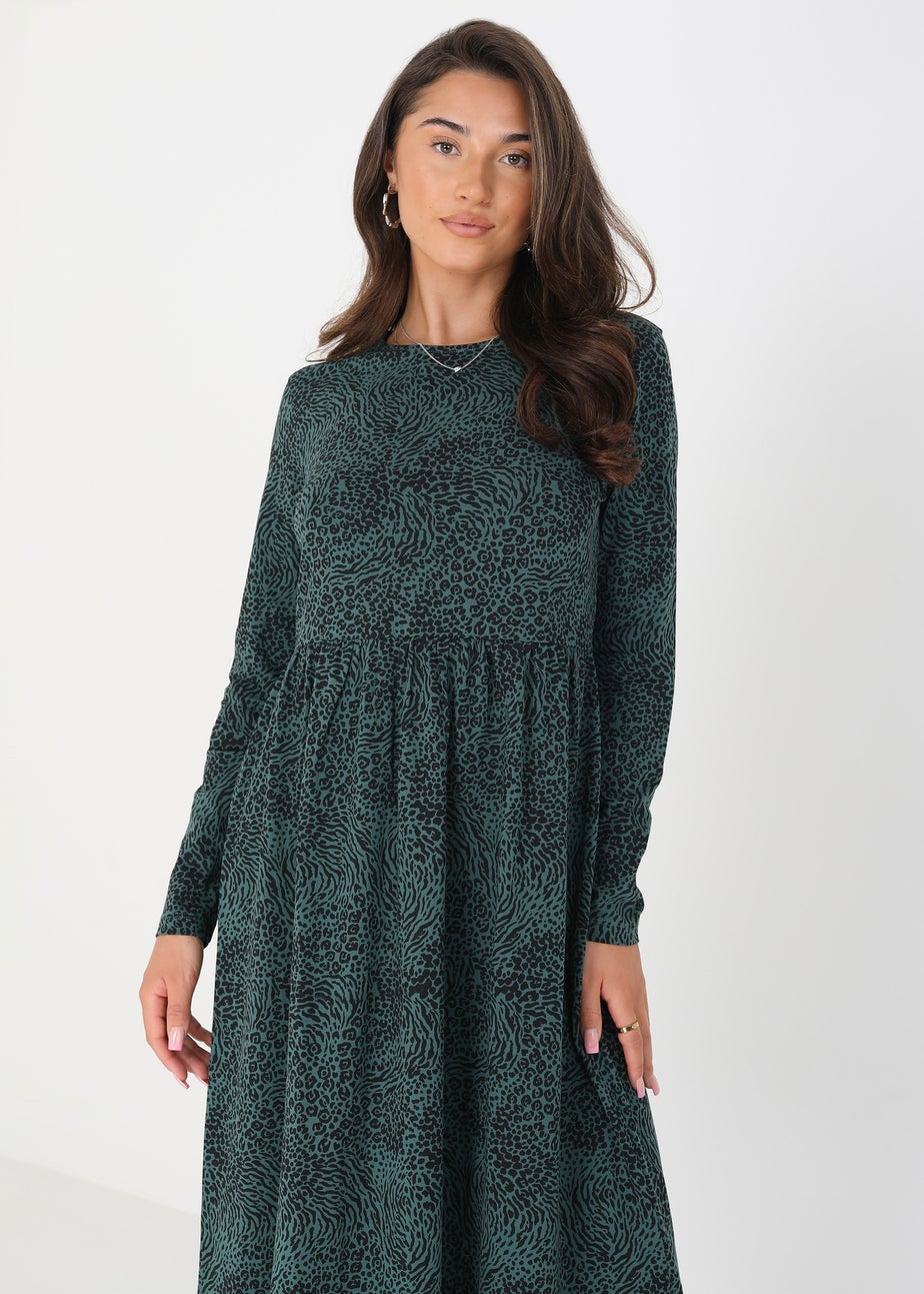 Brave Soul Green Cotton Animal Print Long Sleeve Midi Smock Dress
