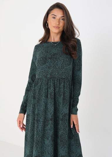 Brave Soul Green Cotton Animal Print Long Sleeve Midi Smock Dress