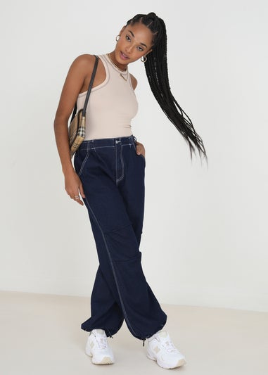 Brave Soul Indigo Denim Style Utility Parachute Trousers