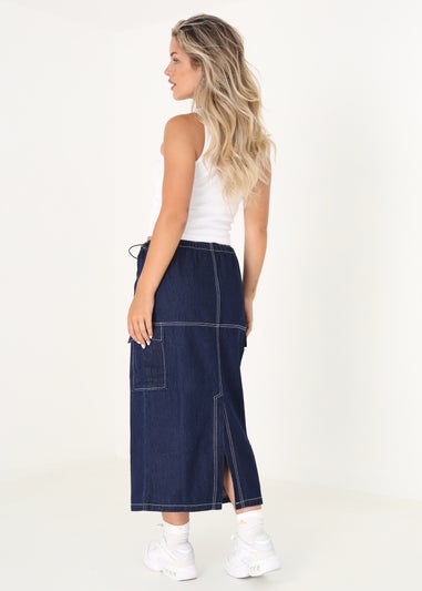 Brave Soul Indigo Denim Midi Skirt with Utility Pockets and Contrast Seams