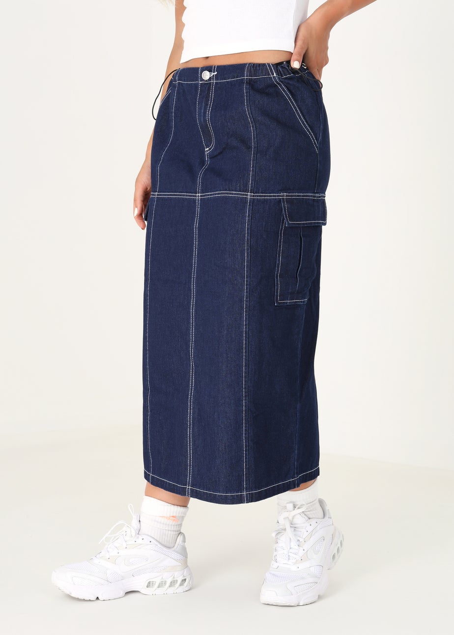 Brave Soul Indigo Denim Midi Skirt with Utility Pockets and Contrast Seams